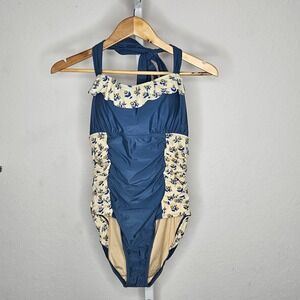 Matilda Jane Blue Floral Ruched Halter Pin Up One Piece Swimsuit Size Large